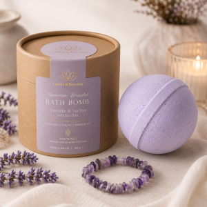 Luxuriöse Amethyst Badebombe mit Edelsteinarmband von GoldenBlossom mit Lavendel und Tea Tree für Wellness, Entspannung und Manifestation