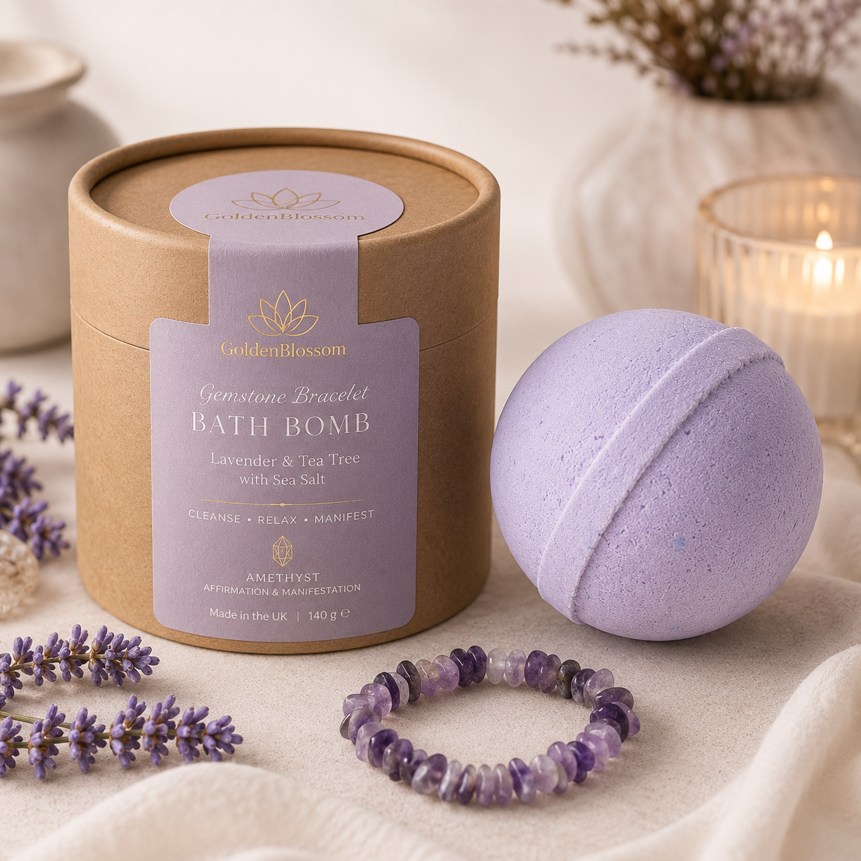 Luxuriöse Amethyst Badebombe mit Edelsteinarmband von GoldenBlossom mit Lavendel und Tea Tree für Wellness, Entspannung und Manifestation